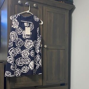 Calvin Klein Navy and White Rose Pattern Dress